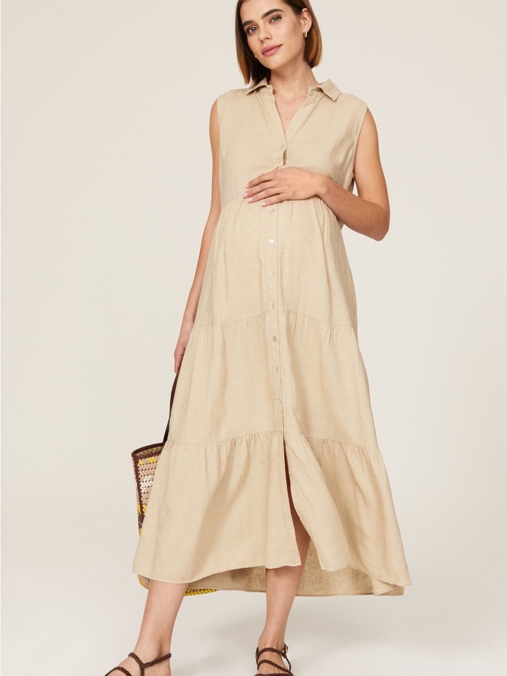 Ripe Sleeveless Button-Front Maxi Dress in Beige